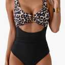 Women's One Piece Swimsuit Tummy Control Ruched Bathing Suit Cutout V Neck Swimwear High Cut Tie Back Swim Suit Size L