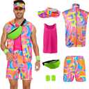 6 Pieces 80s Workout Costume for Men Halloween Cosplay 80s 90s Workout Outfit Party Clothing for Adult Mens (XX-Large, Pink)