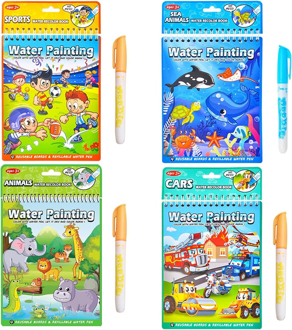 LEFIMOT 4 Pack Water Coloring Books for Toddler, Reusable Paint with Water Books for Kids Ages 3-5, Educational Learning Toddlers Travel Toys with Pens, Birthday Gifts for Kids