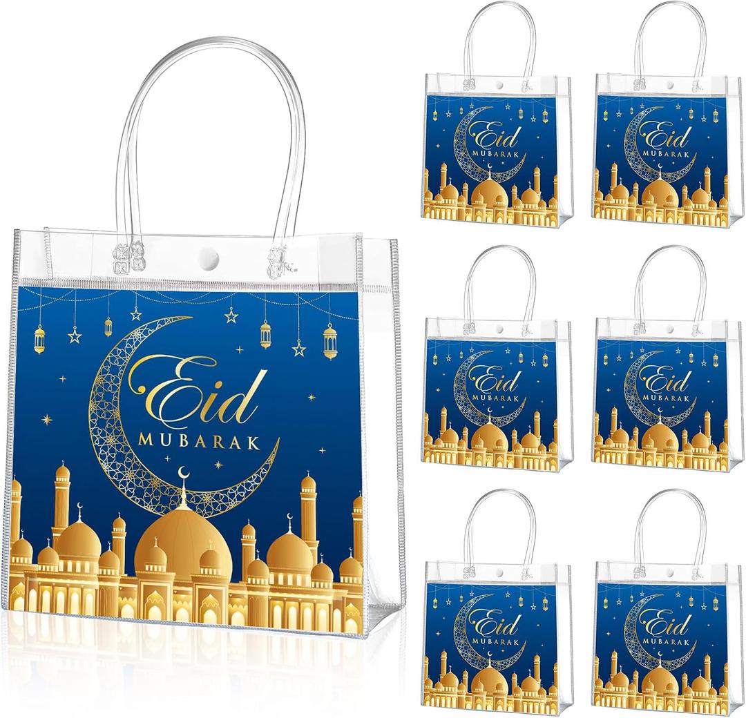 Aliceset 20 Pcs Eid Mubarak Gift Bags with Handles Clear Ramadan Goodie Bags for End of Ramadan Eid Mubarak Party Treats Candy Favors Supplies Decoration, 8x8x3.15 inches