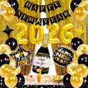 Happy New Year Decorations 2026, New Years Eve Party Supplies 2026, New Years Decoration Set with 2026 Number Balloons, Happy New Year Banner, Champagne Curtains Backdrop for NYE Party Decorations (Gold)
