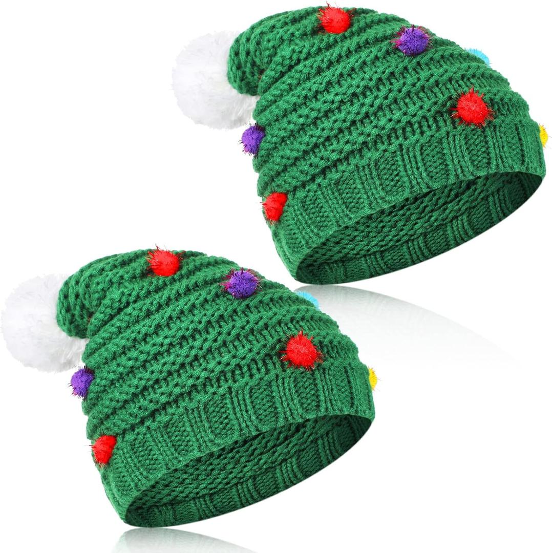 Jeyiour 2 Pieces Christmas Tree Hats Winter Knitted Crochet Santa Beanie Adult Warm Handmade Funny Elf Xmas Tree Hat(2 Pieces)