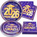 60Pcs Graduation Paper Plates and Napkins 2026 Blue and Gold Graduation Plates and Napkins Party Supplies Class of 2026 Congrats Grad Disposable Paper Plates Napkins Set, Serve 25