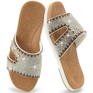 ONCAI Womens Sandals Rhinestone Ladies Flat Slides Glitter Sparkly Summer Casual Comfort Square Open Toe Sandalias Mujer with Outdoor Rubber Soles US Size 10