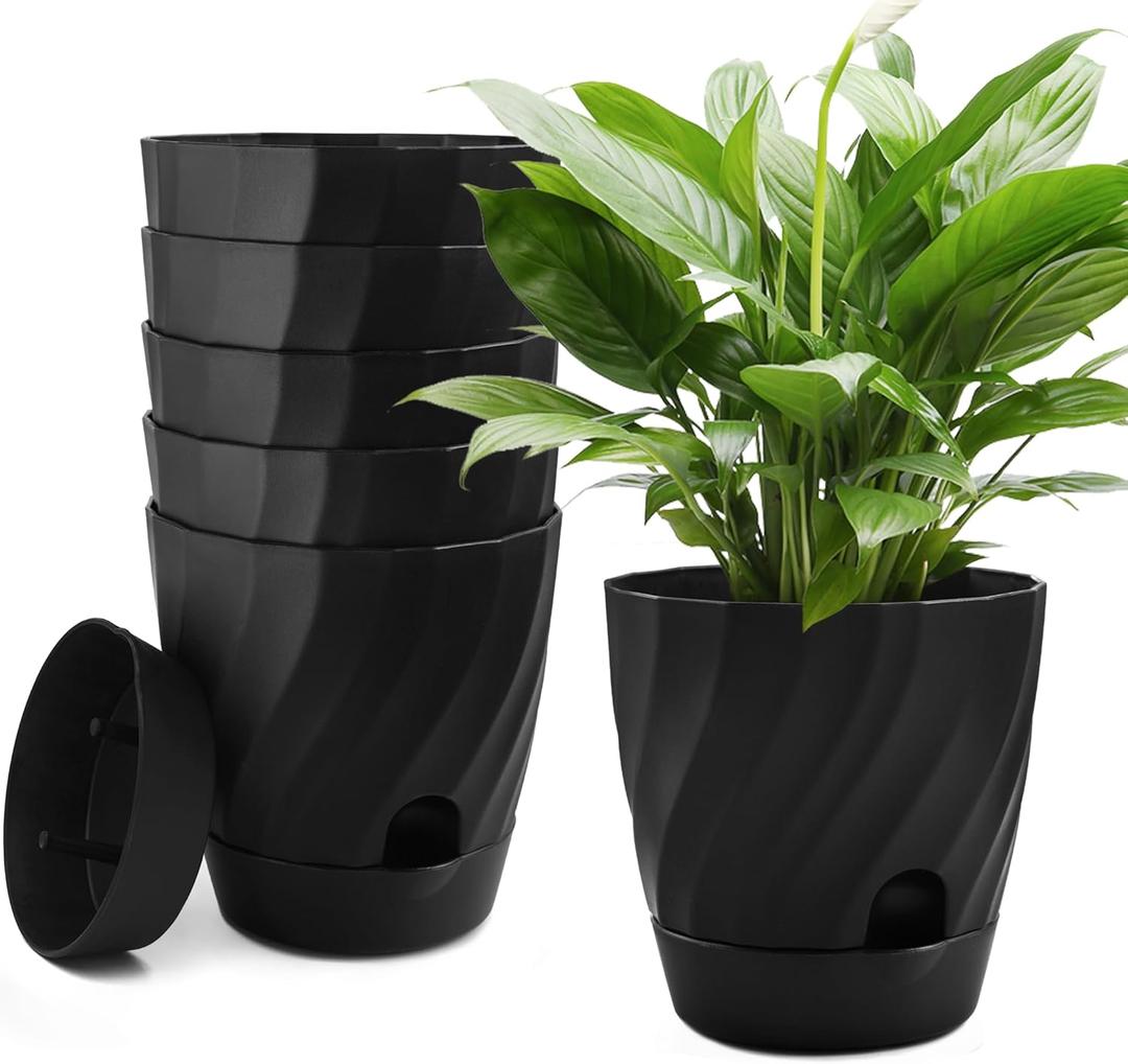 Plant Pots with Drainage, Self Watering Pots for Indoor Plants, Home Decor Flower Planters, 6 Pack Plastic Planters Succulent Pots, Black