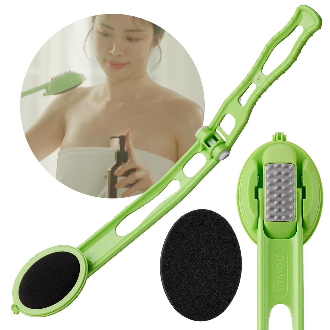 Body Oil Applicator (2nd gen) - 19" Foldable Long Curved Handle, with Replaceable Brush Head, Spill Prevention Non-Toxic Washable Foam Pad  Perfect for Tanning and Body Oils, Includes 2 Pads