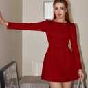 GOBLES Women's Elegant Fall Long Sleeve Boat Neck High Waist A-line Cocktail Dress (Red, M)