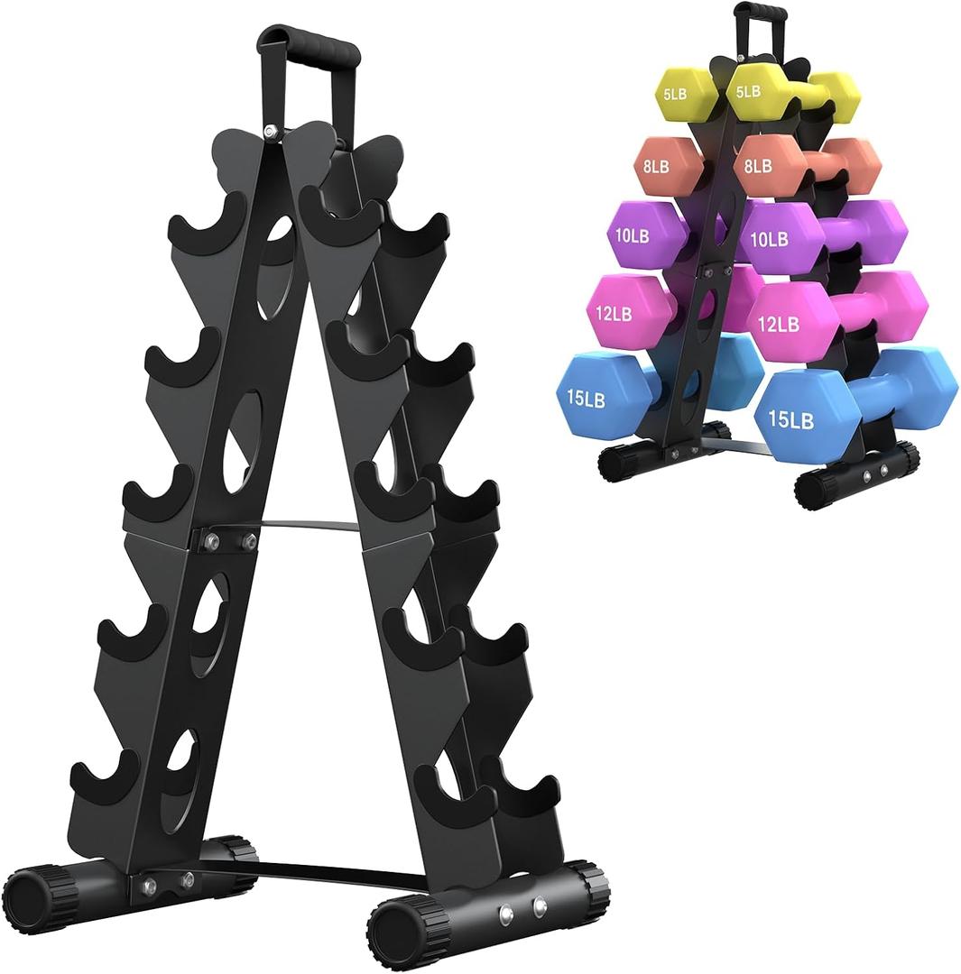 AmazeFan 5 Tier Dumbbell Rack Stand Only, A-Frame Design Weight Rack with Handle, Weights Metal Strength Training Dumbbells Storage Rack for Home Gym Space Saver (Dumbells not Included)