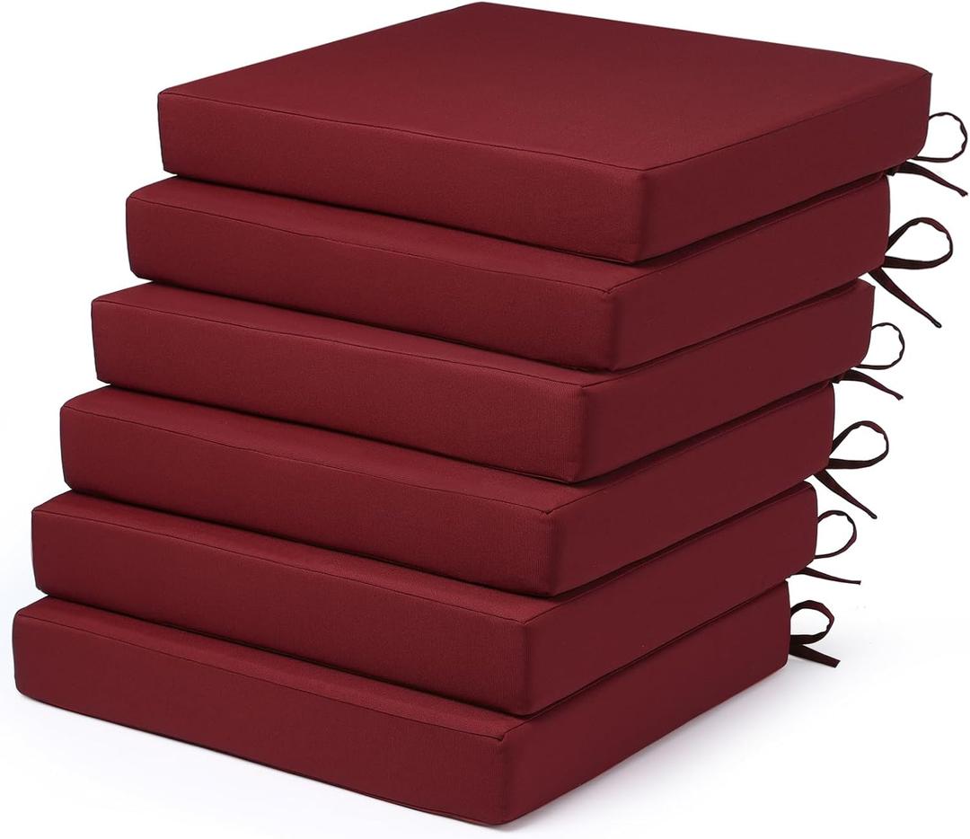 Outdoor Chair Cushions Set of 6 Fade Water Resistant, Patio Furniture Cushions with Non-Slip Ties,Square Cushions for Outdoor Furniture and Lawn Dining Chairs, 18.5 x 16 x 3, Burgundy