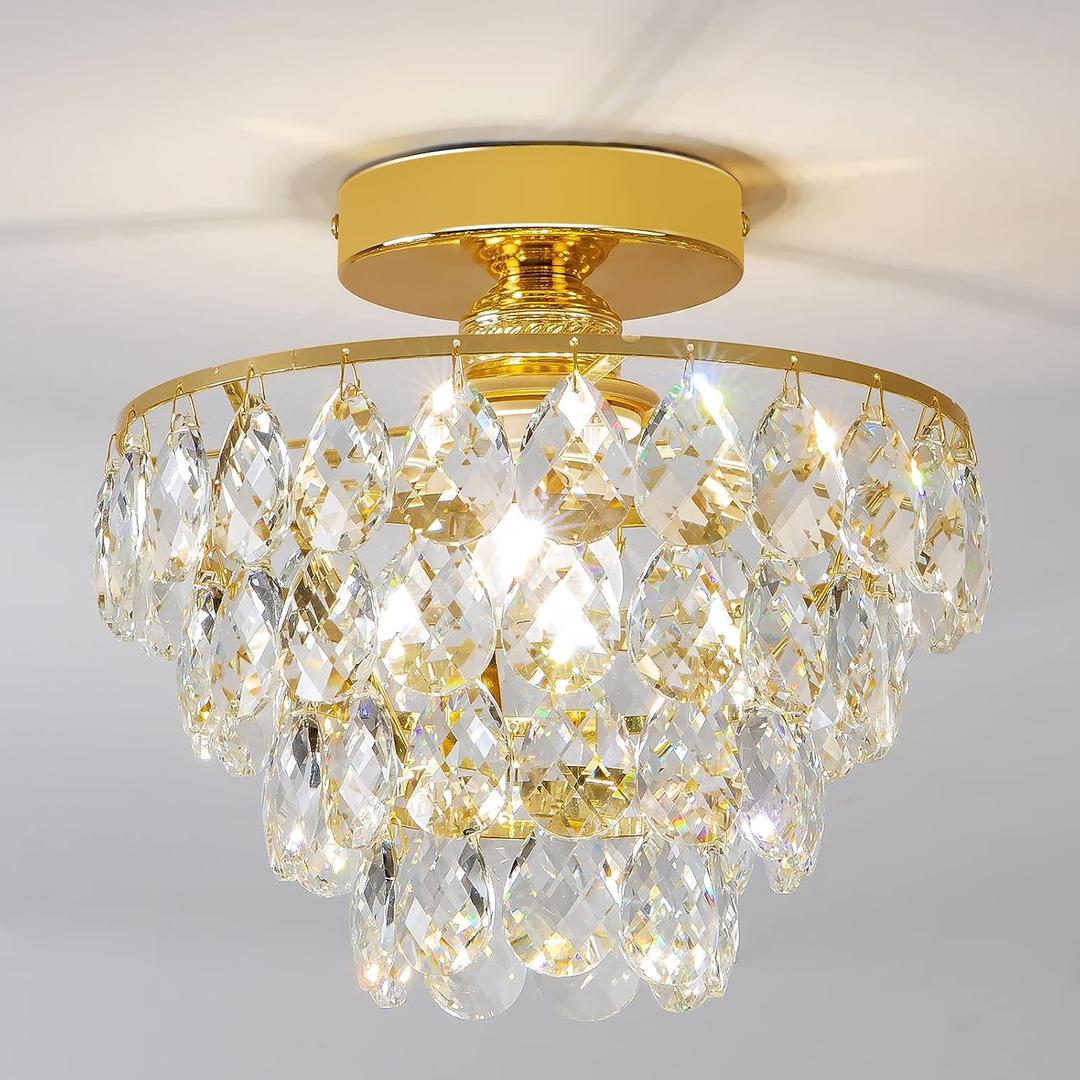 CM MZY Modern Gold Crystal Chandeliers, Mini Flush Mount Ceiling Light Fixture, Close to Ceiling Lamp Fixture for Hallway Bedroom Bathroom Closet Kitchen Foyer