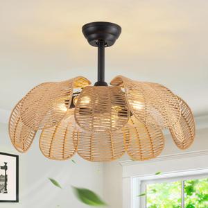 Boho Ceiling Fan with Light, Rattan Fandelier Ceiling Fan with Light and Remote Control, Flower Chandelier Fan for Bedroom, Living Room,Kitchen,Foyer(25.5 Inch, 6 Speed, Timing Adjustable Height)