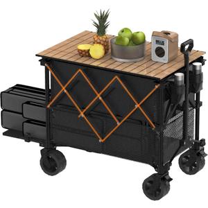 Double Decker Wagon with Table, 600L 54'' Extra Long Heavy Duty Wagons Carts Foldable with Tailgate, Utility Folding Cart Big All-Terrain Wheels with Brakes for Camping, Fishing, Beach, Outdoor, Black 