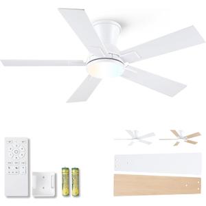 Modern Ceiling Fans with Lights - 42" Low Profile Ceiling Fan with Light and Remote, Flush Mount Reversible DC Motor, 6-Speed Quiet LED Dimmable for Bedroom, Indoor and Outdoor, Patios White