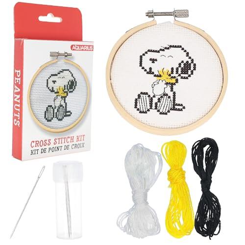GAMAGO Aquarius Peanuts Snoopy & Woodstock Cross Stitch Embroidery Kit – DIY Needlework Craft Set with Floss, Printed Fabric, Hoop & Instructions, Beginner Embroidery Kit for Kids, Teens & Adults