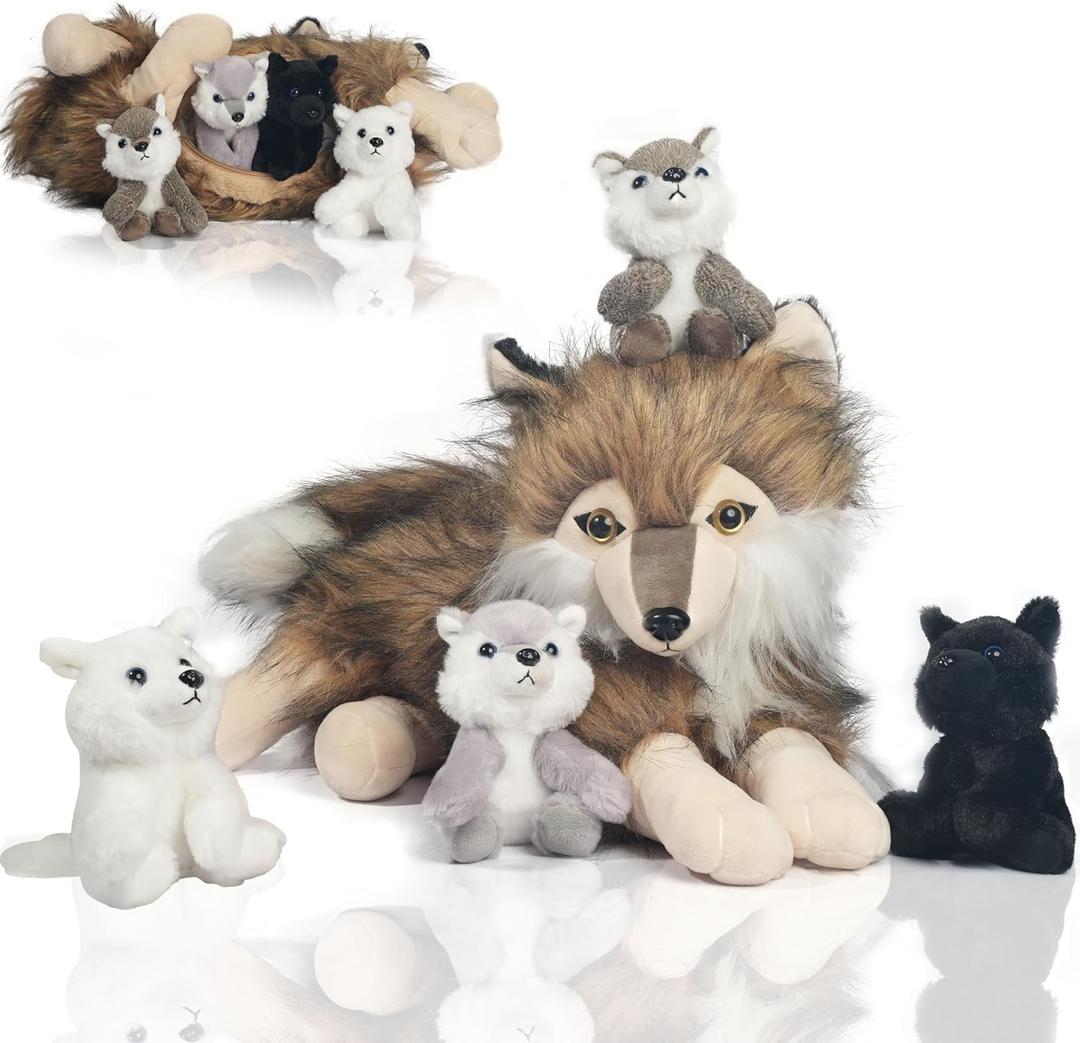 5 Pcs Wolf Stuffed Animal Set, 16 Inch Large Mommy Stuffed Wolf Plush Toy with 4 Cute Babies Wolves Inside, Furry Wolves with Pups Soft Plushies for Kids Boys Girls Easter Christmas Birthday Gift