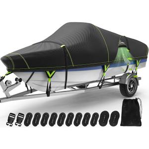 UIRWAY Upgraded Boat Covers 22-24 ft, Trailerable Bass Boat Cover with Windproof Strap, 1200D Waterproof Marine Grade Winter Boat Tarp Fit V-Hull/V-Hull, Fishing Boat, Setup & Storage (Black)