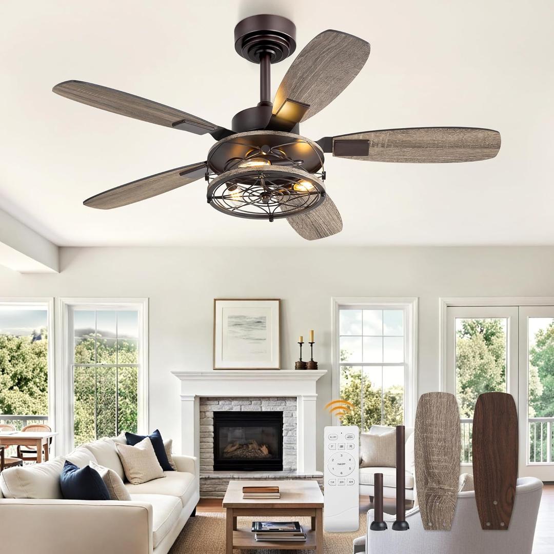 42 Inch Farmhouse Ceiling Fan with Light and Remote, Oil Bronze Industrial Flush Mount Ceiling Fans with 6 Speed Reversible Motor and Dual Finish 5 Blades, Rustic Ceiling Fan for Living Room, Bedroom