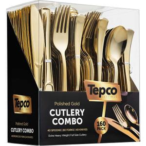 160 Silverware Set - Disposable Flatware - 80 Plastic Forks, 40 Plastic Spoons, 40 Cutlery Knives - Heavy Duty for Party Bulk Pack (Gold)