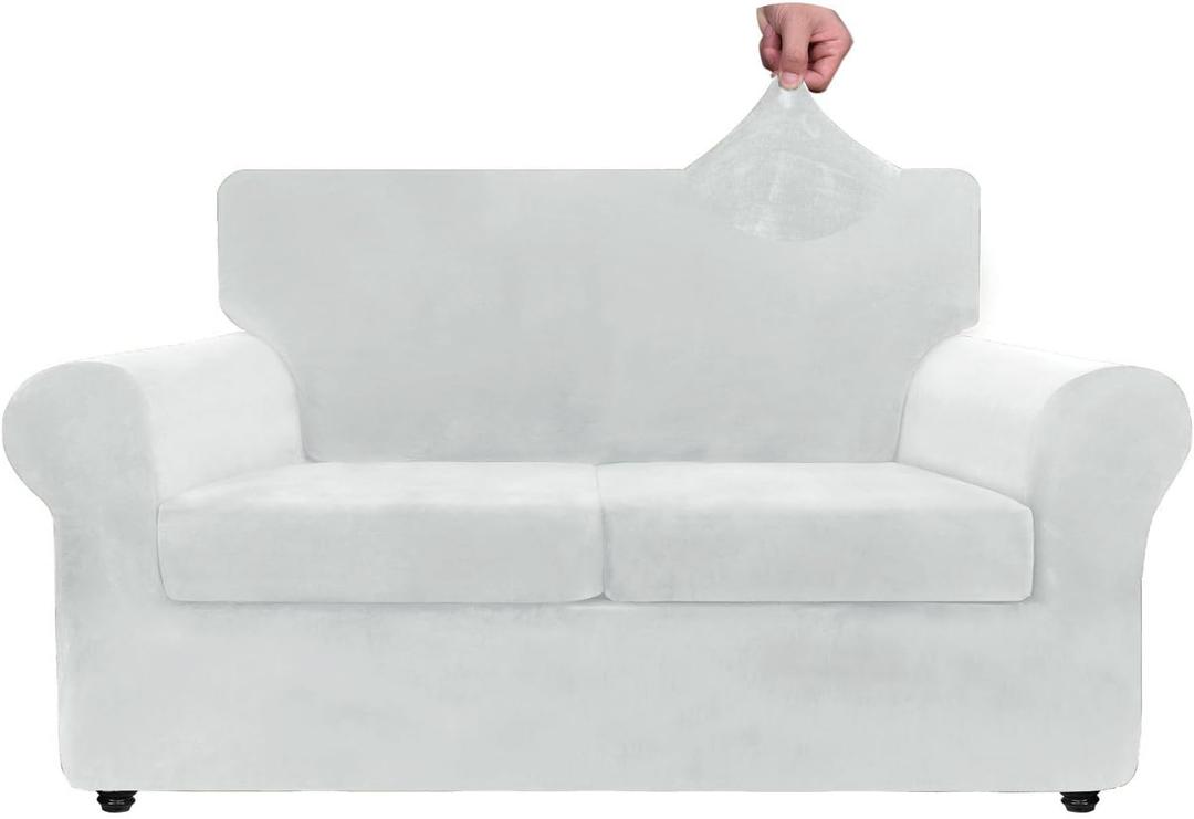 ZNSAYOTX Luxury Velvet Couch Cover 3 Piece Stretch Sofa Covers for 2 Cushion Couch Soft Loveseat Slipcover Living Room Anti Slip Dogs Love Seat Furniture Protector (Silver Grey), 55"-69"(2 Cushions)