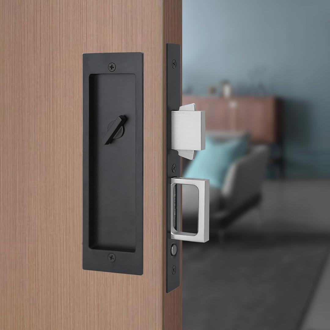 Modern Pocket Door Hardware Set - Privacy Lock with Finger Flush Pulls & Soft Close, for Sliding Barn Doors, Pocket Doors, Bedroom (Black, Privacy)