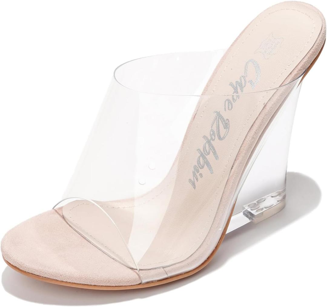 Women's Clear Wedge Heels - 4 Inch Open Toe Chunky Heels with Transparent Upper & Genuine Leather Sole | Slip-On Comfortable Dress Shoes | Fashion Platform Sandals (Lemonade.A) (7, Beige)