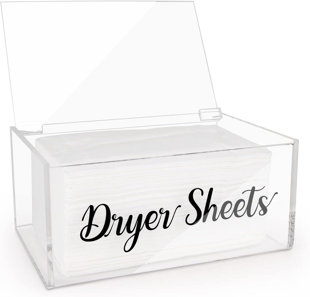 Acrylic Dryer Sheet Dispenser with Hinged Lid, Clear Rustic Farmhouse Style Dryer Sheet Container Storage Box for Laundry Room Organization, Laundry Softener Dispenser, Home Laundry Room Decorations