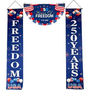 4th of July Patriotic Decorations Set Celebrate with 2Pcs American Flag Porch Signs with Stars and Stripes and 1Pcs Pleated Fan Flag for 250th Anniversary Day Outdoor Indoor (Blue)