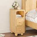 Narrow Nightstand - 100% Solid Wood Night Stand with 2 Drawers, Natural Modern Tall Bedside Table for Small Spaces, Bedroom (Fully Assembled), 9.7x15x25.8 Inch