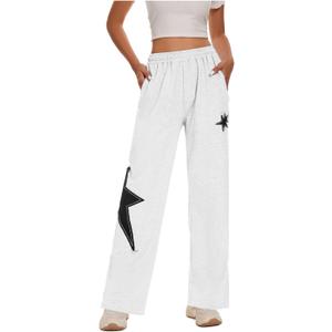 Womens Star Sweatpants Drawstring Waist Causal Sporty Straight Leg Baggy Sweatpants with Pockets (Large, White)