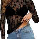 OFEEFAN Womens Mesh Tops Lace Long Sleeve Shirts Crewneck Slim Fitted Outfits See Through Blouses (Black Lace, XL)