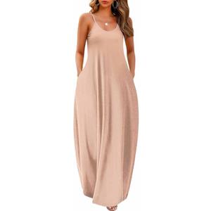 Wolddress Womens 2025 Casual Sleeveless Sundress Plus Size Loose Plain Long Summer Beach Maxi Dress with Pockets S-5X (Large, Apricot Pink)