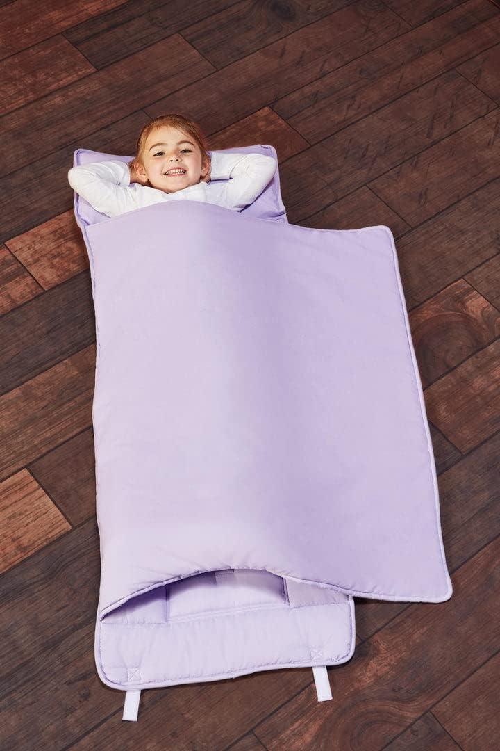 EVERYDAY KIDS Nap Mat with Removable Pillow - Lavender - Carry Handle with Straps Closure, Rollup Design, Soft Microfiber for Preschool, Daycare, Travel Sleeping Bag - Ages 3-6 Years (Purple)