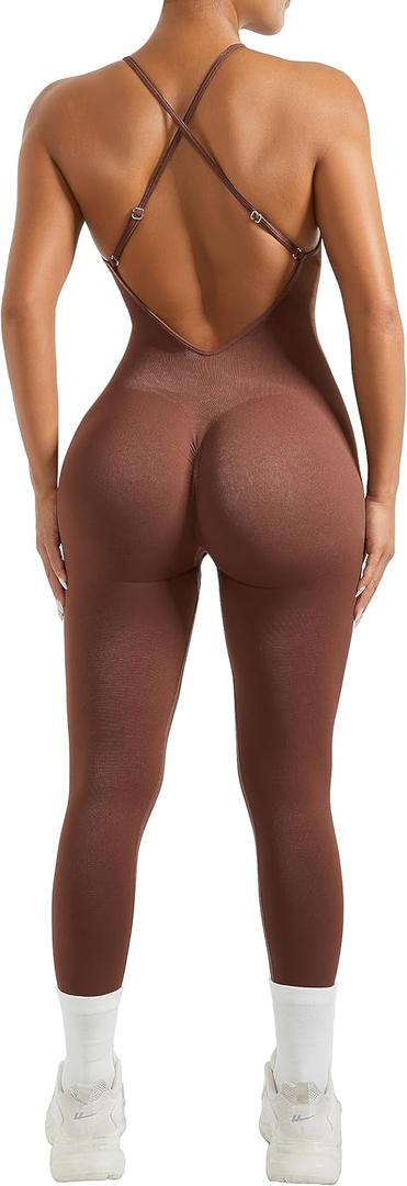 MOOSLOVER Women Strappy Backless One Piece Jumpsuits Tummy Control Padded Workout Rompers (Small, #1 Brown)