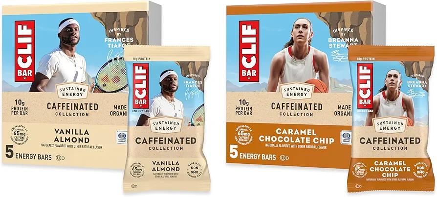CLIF BAR Caffeinated Collection - Energy Protein Bars - Caramel Chocolate Chip and Vanilla Almond - Variety Pack - Made with Organic Oats - Energy Bars - Non-GMO - (10 Pack) Exp. 02/Apr/2026