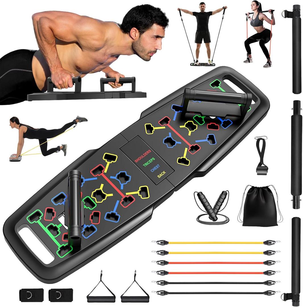 KUYOU Portable Home Gym Workout Equipment, Push Up Board, Pilates Bar & Fitness Accessories with Resistance Bands for Upper Body Strength Training Full Body Workout at Home