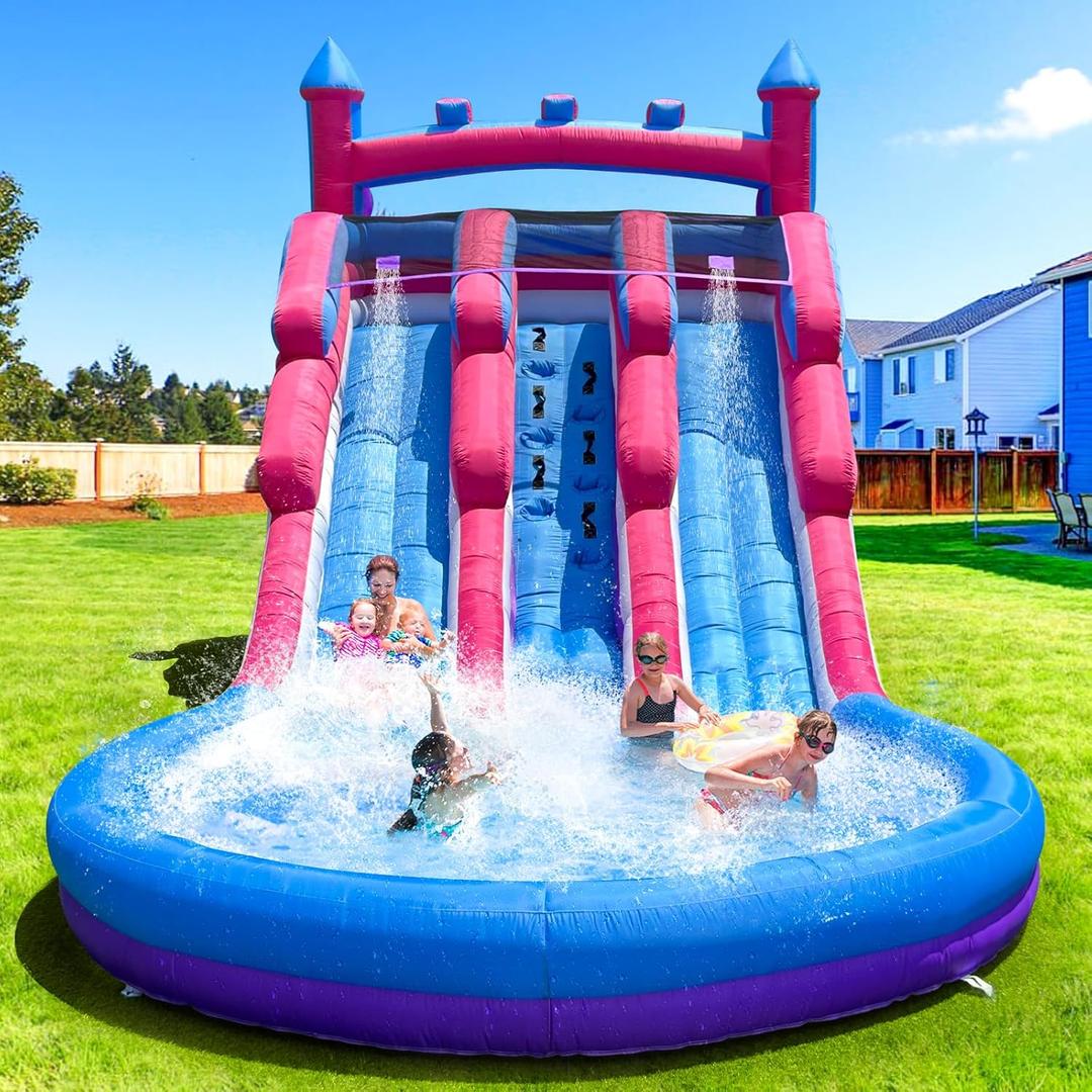 Grade Inflatable Water Slide, Dual Water Slide with Blower and Double Slide, Water Slide Bounce House for Backyard Summer Party (Dual Slide Pink Waves) (252"L x 108"W x 144"H)