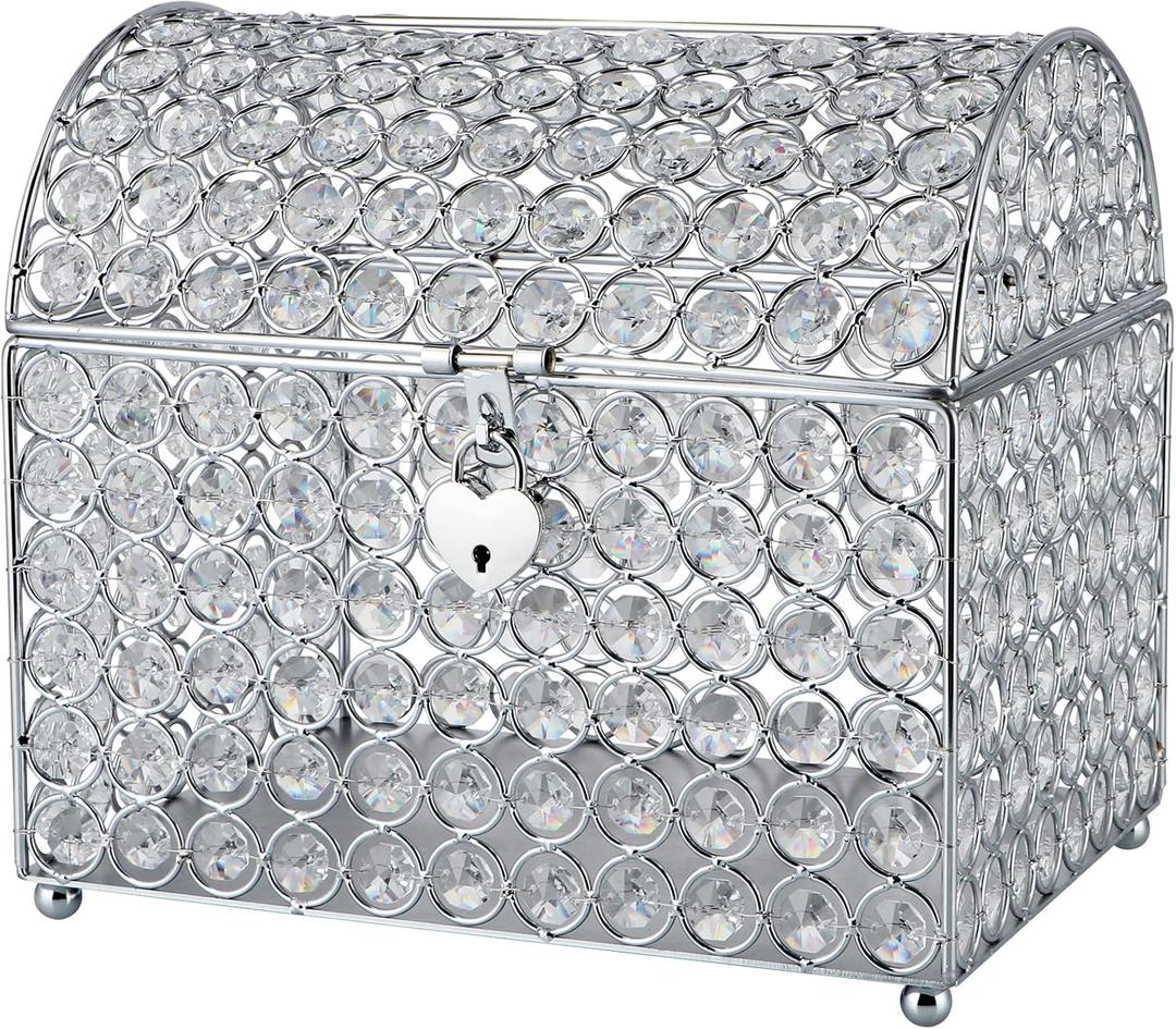 MDLUU Wedding Card Holder Box, Treasure Chest Wedding Money Box with Heart Shaped Lock, Crystal Bead Card Receiving Box for Wedding, Birthday, Graduation (Silver)