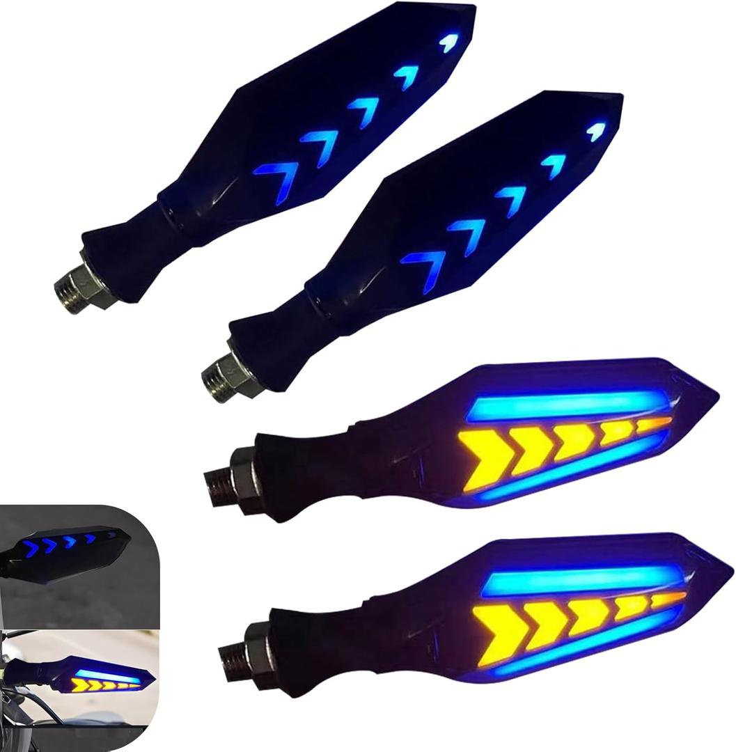 4 PCS Motorcycle Turn Indicator Lights, Arrow Shape Flowing Turn Signal LED with Daytime Running Lights, LED Double-sided Flowing Blinker, Cool Modified Accessories for Motocycle (Blue)