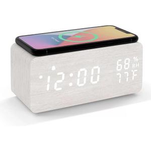 Wooden LED Alarm Clock with Wireless Charging Temperature and Humidity Display Calendar Adjustable Brightness Sound Control for Bedroom Home Office (White), Small