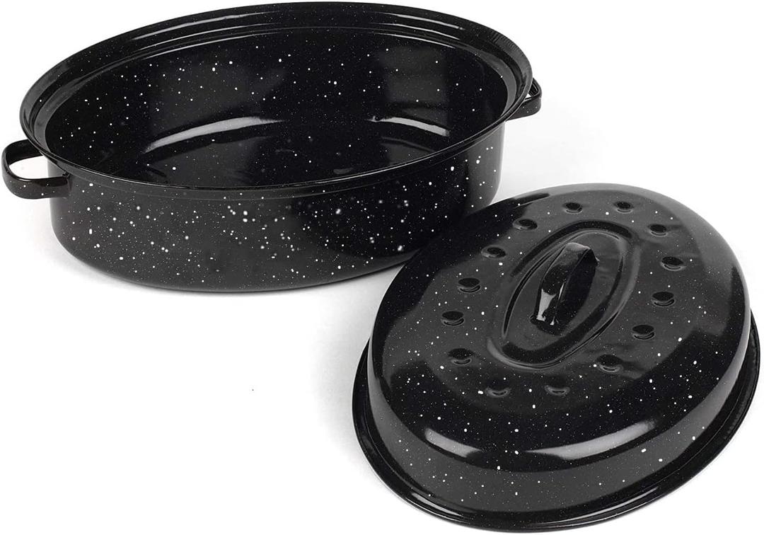 16 Inch Roasting Pan with Lid - Covered Oval Roaster - Enamel Carbon Steel Roaster Pot - Excellent Heat Distribution and Non-sticky - for Turkey Chicken Meat & Vegetables -Birthday and Holiday gifts