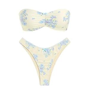 ZAFUL Bikini Sets for Women Strapless Ruched Bow Lace Trim Bandeau Swimsuit 2 Pieces Bathing Suits (Small, 2-Beige)