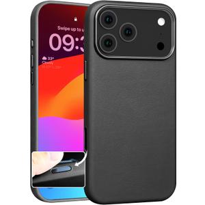 for iPhone 17 Pro Leather Case with Ai Camera Control Button Compatible with Magsafe, Top Grain Leather, Slim Fit Shockproof, Metal Buttons & Camera Bump Frame Protective Cover Black