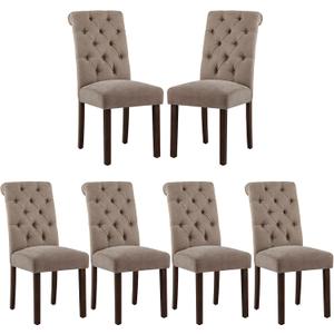 COLAMY Button Tufted Dining Chairs Set of 6, Parsons Upholstered Fabric Dining Room Chairs Kitchen Chairs with Wood Legs and Padded Seat, Taupe