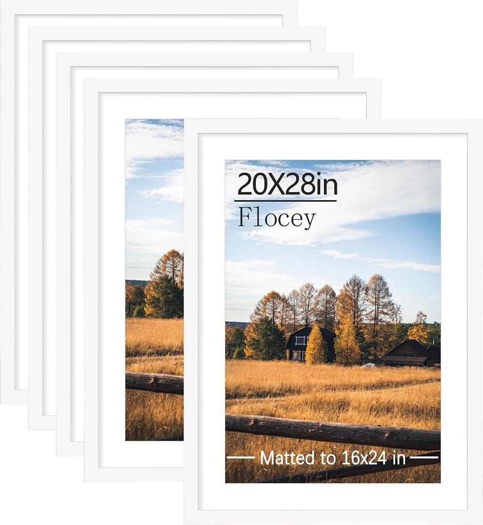 20x28 Picture Frame Set of 5, White Poster Frame, Display Pictures 16 x 24 with Mat or 20 x 28 Without Mat for Horizontal or Vertical Wall Mounting, Wall Gallery Frame