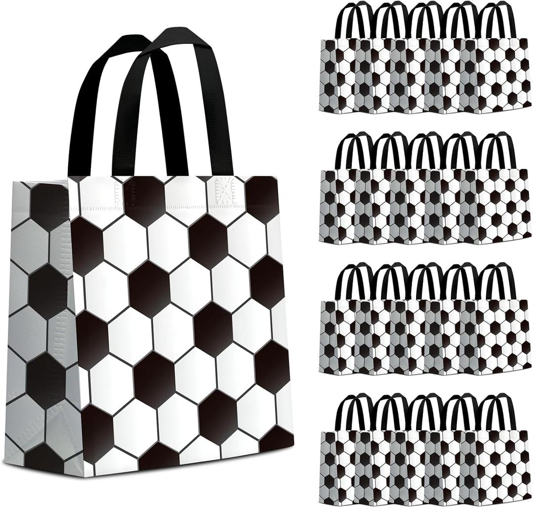 KERINGO 24 PCS Soccer Gift Bags with Handle Soccer Ball Party Supplies Reusable Goodie Bags Non Woven Birthday Party Supplies Goody Bag for Boys Girls