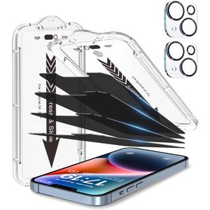 EZ-GLAZ 4-Pack Screen Protector for iPhone 14 6.1 inch Black Privacy with Flawless Fit Kit + 2-Pack Camera Lens Protector, 15-Second Bubble-Free Installation, 9H Hardness, 12FT Military Grade Shatterproof, Scratch Resistant, Tempered Glass