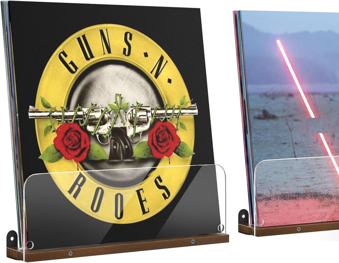 AITEE 2 Pack Vinyl Wall Mount Shelf- Record Wall Display Wooden Record Holder Wall Mount Acrylic Vinyl Record Shelf Clear Floating Shelves-Holds up to 6 Lps Albums