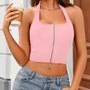 Zanvylia Halter Tank Top for Women Summer Going Out Tops Backless Y2K Crop Sleeveless Zip Front Shirts (US, Alpha, Large, Regular, Regular, Pink) (Pink, L)