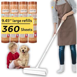 45 Inch Long Handle Lint Roller Extra Sticky for Carpet, 9.45'' Large Surface Pet Hair Remover for Couch, Sticky Roller for Floor Pick Up Larger Pieces, by Frescares, 1 Roller Stick+4 Roller Refills