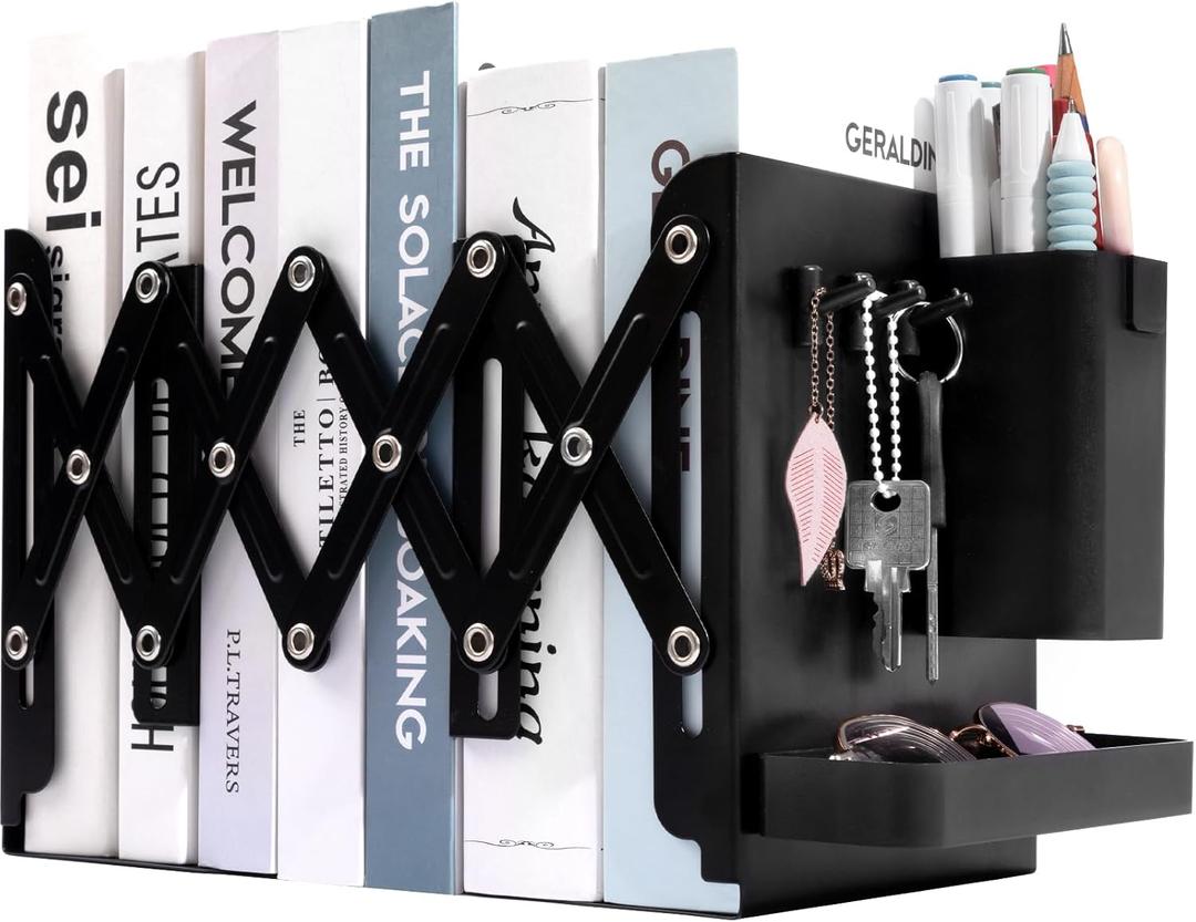 Adjustable Bookends, 19" Metal Book Ends for Heavy Books, 2 Dividers Bookends with Removable Pen Holder, Tray, and 3 Hook-up, Book Organizer for Office, School, Bookstore, Home (Black)